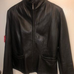 Leather real coat /jacket JLC  size small fits med too contour with flower